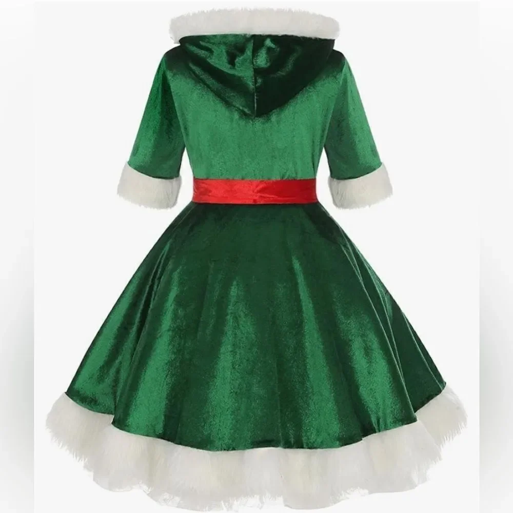 LMYOVE Girls Santa Green Elf Hooded Dress Costume(Large, Green)